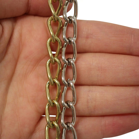 Close-up of 12 Gauge Solid Steel Twist Link Fixture Chain for Pendant Lighting and Decor in brass and silver finish