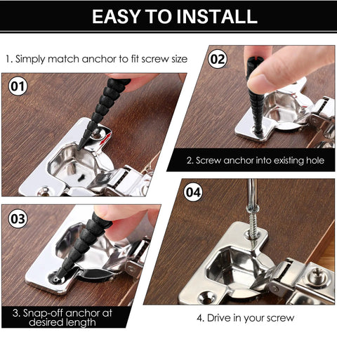 Installation steps of the 15 Piece Wood Anchor Repair Kit For Stripped Screw Holes In Wood Doors And Furniture Fits Screws Size 2 To 16 Black