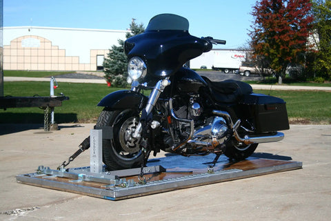 Blue Soft Tie Down Anchors For Ratchet Straps Two Pair Pack Smooth Operator Hookups securing a motorcycle on a trailer.