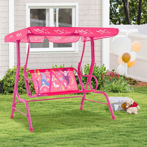 Two Seat Kids Porch Swing With Adjustable Canopy And Safety Belts Outdoor Lounge Chair On Metal Stand Mermaid Pink Fun