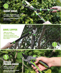 3 Piece Garden Shears Set For Pruning And Hedge Trimming, 20 Inch Hedge Shear, 24 Inch Anvil Lopper, 8 Inch Pruning Shears shown in use