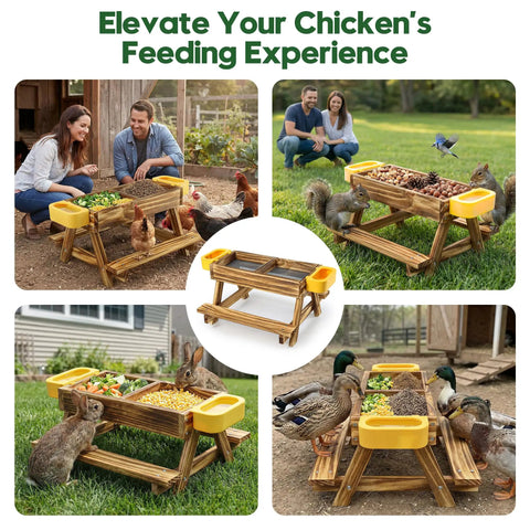 Carbonized Wooden Chicken Picnic Table Feeder With Two Water Dispensers No Mess Poultry Feeder Easy To Clean And Fill