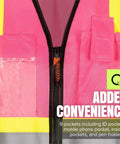 Close-up of Womens Hi Vis Safety Vest With Pockets, Class 1 Reflective Tape, Pink design, showing convenient storage options.