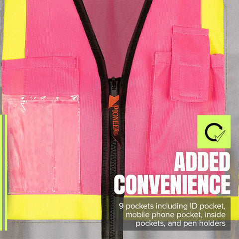 Close-up of Womens Hi Vis Safety Vest With Pockets, Class 1 Reflective Tape, Pink design, showing convenient storage options.
