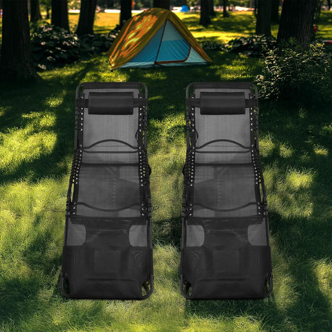 Face Hole Tanning Loungers Set Of 2 Folding Outdoor Lounge Chairs For Camping with Cushioned Comfort and Arm Slots in a forest setting