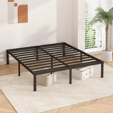 Rock Solid Metal Platform Bed Frame Full Size With Heavy Duty Support Slats No Box Spring Needed Clean Modern Black Finish visible in bright room.