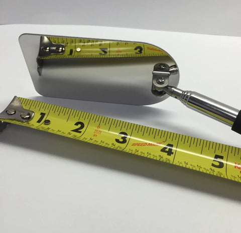 Close-up of DA76540 Telescoping Flame Inspection Mirror with stainless steel shaft next to measuring tape showing size.
