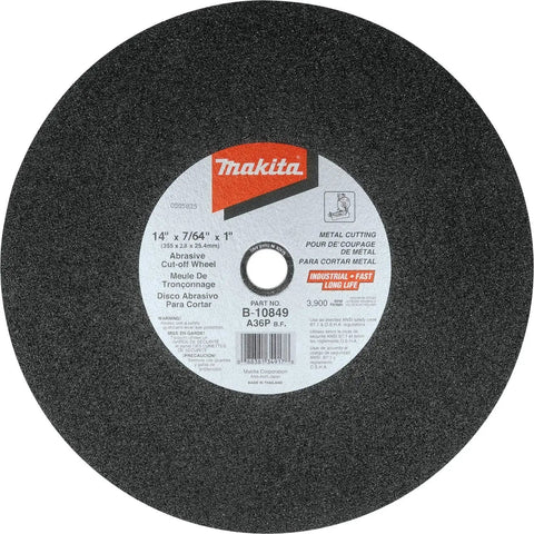 14 Inch Ferrous Metal Cut Off Wheel, 7/64 Inch Thick, 1 Inch Arbor, shown with central label and rough surface texture