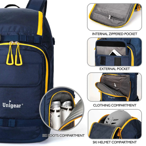 Ski Boot Bag 50L Travel Backpack showing multiple pockets for boots, helmet, clothing, and gear, blue with yellow zippers