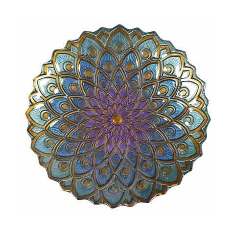 Handpainted Mosaic Flower Fusion Glass Pedestal Bird Bath For Outdoor Patio Garden Backyard Deck Decor, 21 Inch Height In Blue And Purple, Multi Functional Waterer Or Bird Feeder With Foldable Stand