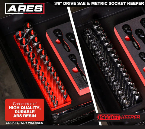 Two-Piece 3/8-Inch Drive Socket Keeper Organizer Tray Set For Metric And SAE Sockets Holds 56 Standard And Deep Sockets in drawer