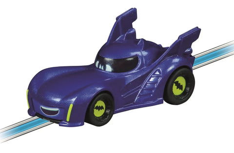 Batwheels Action Packed Slot Car Race Track With Spinners Includes Bam And RedBird Cars Battery Powered Beginner Racing Set For Kids Ages 3 And Up Totally Built For Easy Setup Easy Fun And Fast Family Play purple Batmobile slot car on track