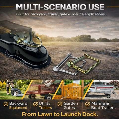 12 Piece Trailer Hitch Pin Assortment Set With 1/4 And 5/16 Inch Square And Arch Wire Lock Pins, shown in use with trailers