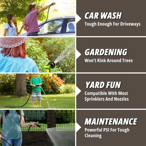 Collage showing Built Tough 100 Ft Metal Garden Hose With Nozzle used for car wash, gardening, yard fun, and maintenance on a lawn and garden.