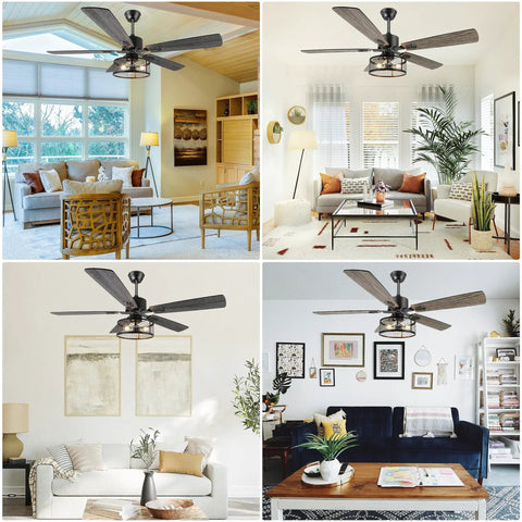 52 Inch Dope Farmhouse Ceiling Fan With Lights And Remote, Rustic Caged Light Fixture in various room settings.
