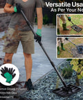 Heavy Duty Lawn Leveling Rake With 6.5 Ft Adjustable Pole in use, shown with work gloves, leveling soil in garden, includes assembly features