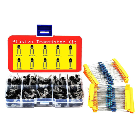 All In One Transistor Kit With Resistor Pack For Hobbyists And Students 210 PNP And NPN BJT Transistors 250 Resistors Displayed