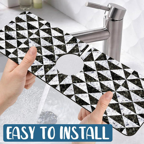 Go To Sink Mat With Faucet Splash Guard being installed, showing mosaic texture, super absorbent diatom mud, 15.5 x 5.5 inches behind faucet.