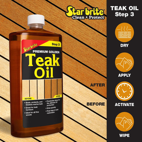 Bottle of Star brite Premium Golden Teak Oil from All In One Teak Care Kit For Restoring Decks, Patios, Outdoor Furniture And Boats