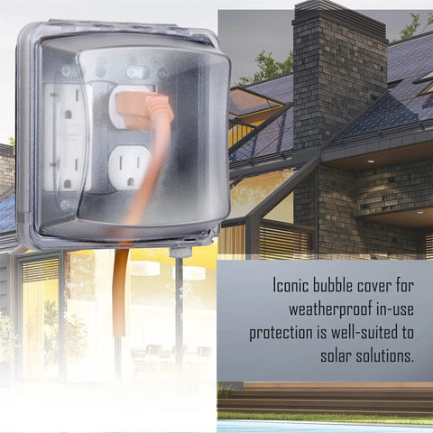 Two Gang Vertical Mount Weatherproof In Use Cover For Outdoor Electrical Boxes 55 In 1 Configurations Two And Three Quarter Inches Deep Clear Finish Quick Fit Mount UV Protected Polycarbonate Fully Paintable showcasing installation on exterior wall