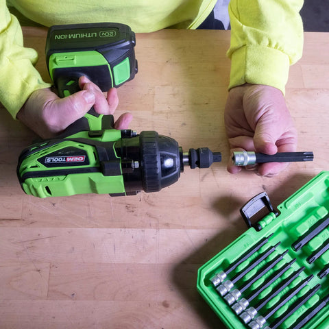 Person using Magnetic Long Torx Bit Socket Set, 13-Piece, Corrosion-Resistant Star Bits for Automotive Repairs with drill