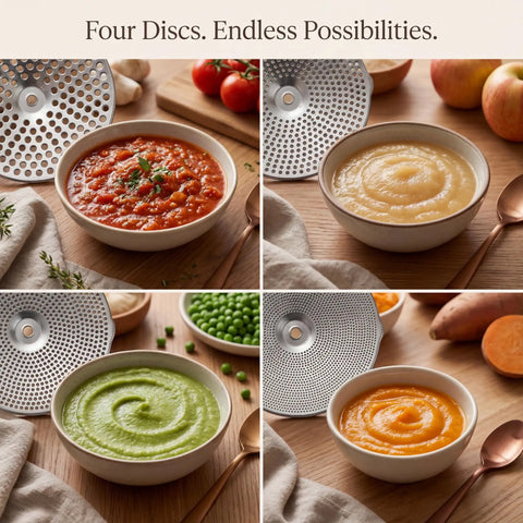 Four bowls with purees and 4 disc stainless steel food mill with ergonomic hand crank for tomato sauce canning applesauce baby food.