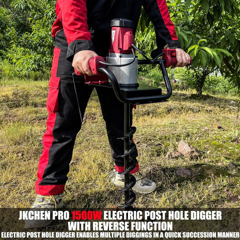 Person using 1500W Electric Post Hole Digger With 6 Inch And 4 Inch Augers, Reverse Function, Carry Bag in a garden.