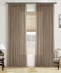 Farmhouse Tan Brown Linen Curtains 102 Inches Long 2 Panels With Pinch Pleat Drape Hooks and Rings in living room setup