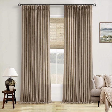 Farmhouse Tan Brown Linen Curtains 102 Inches Long 2 Panels With Pinch Pleat Drape Hooks and Rings in living room setup