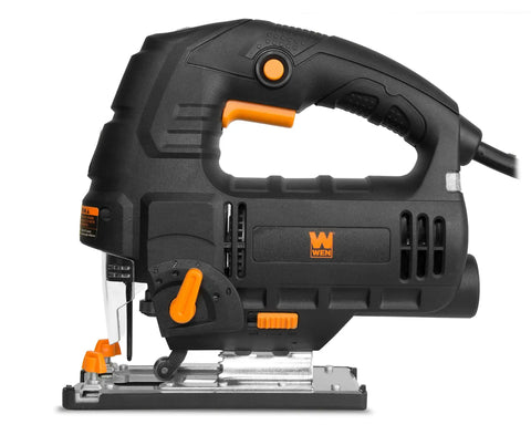 Gassed Up Variable Speed Orbital Jig Saw With Integrated Laser And Hella Bright Led Work Light For Knockout Accuracy And Whippin Smooth Cuts Through Hardwood Plywood Or Sheet Metal At Your Home Shop, showing side view with controls.