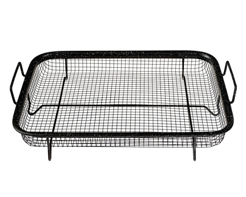 Non-Stick Air Fryer Tray Bakeware Set for Oven 13 by 9 Inch Two Piece with Crisper Pan, black mesh with handles.