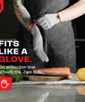 Chef wearing Premium Cut Resistant Kitchen Gloves Food Grade For Chefs And Butchers, Level Five Meat Cutting Gloves, preparing salmon