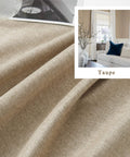 Close-up of linen blackout curtains burlap color, fabric texture visible, with inset showing curtains installed in living room.