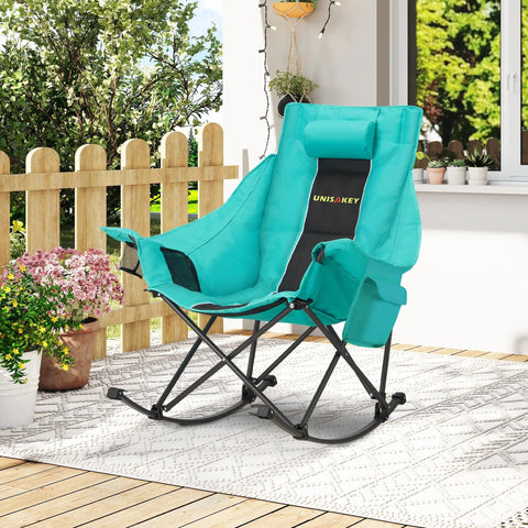 Oversized Rocking Camping Chair With Headrest And Cup Holder 300 Lb Capacity 600D Oxford Fabric Easy Fold Portable Outdoor Rocker