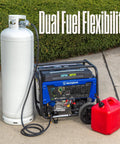 12500 Watt Dual Fuel Portable Generator With Remote Start And Transfer Switch Ready Gas Or Propane Powered next to propane tank