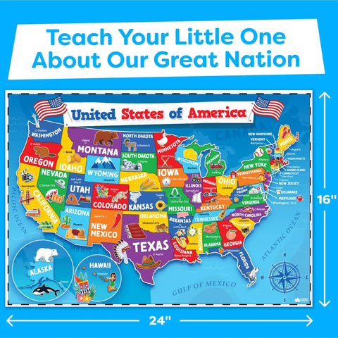 Colorful United States map for kids 24x16 inch waterproof classroom poster with state labels and landmarks.