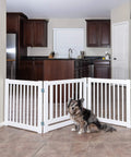 360 Hinges Freestanding Dog Gate With Walk Through Door For Home Use Up To 76 Inches Wide, white gate in kitchen, dog seated
