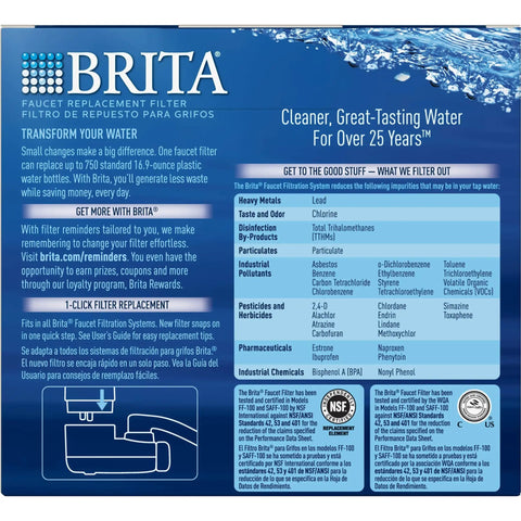 Packaging for Brita Faucet Filter with installation diagram and filtration details for On Tap Filtration System Replacement Filter White For Faucet, Easy Install Water Filter Cartridge, Long Lasting Filtration For Fresh Tasting H2O In Kitchen