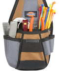 Four Pocket Rigid Tool Pouch With Tape Clip And Universal Fit Steel Clip filled with tools, puncture resistant polyester material.