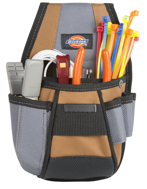Four Pocket Rigid Tool Pouch With Tape Clip And Universal Fit Steel Clip filled with tools, puncture resistant polyester material.