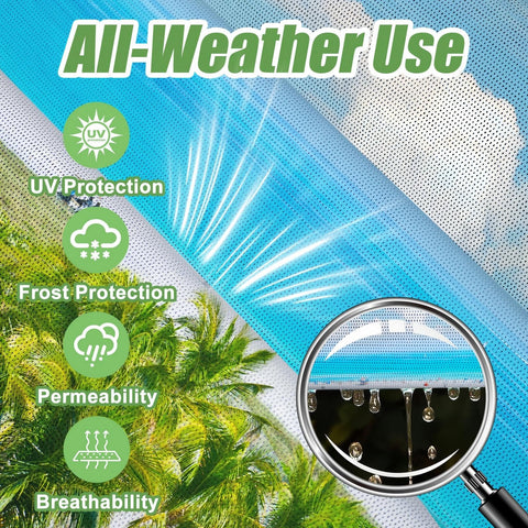 Custom Design Shade Cloth With UV Protection And HD Printing Full Color Pergola And Gazebo Shade Cover With Grommets Sun Shade highlighting UV, frost protection, and breathability features with nature background and zoomed fabric view.