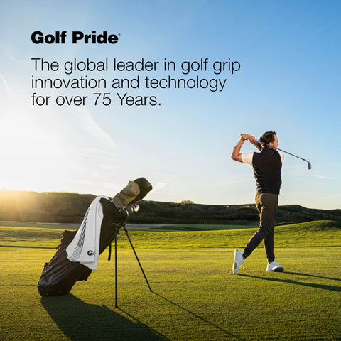Golfer swinging club at sunset beside golf bag; Tour Velvet 360 Golf Grip Midsize White 1 Pack For Durable Comfort With Non Slip Technology And Softer Feel Perfect For Consistent Shot Control On Every Round