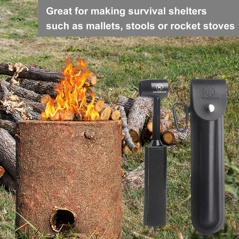 Image of Go To Bushcraft Hand Auger Wrench For Easy Wood Drilling By KOSIBATE with Leather Case, shown outdoors next to a fire pit.