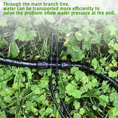 Six Pack One Half To One Quarter Inch Drip Irrigation Fittings Push To Fit Barbed Tee Splitter Leakproof Locking Connector for One Half Inch Tubing shown in garden setup