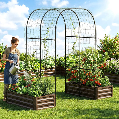 Do It All Galvanized Raised Garden Bed Set With Two Beds And 87 Inch Arch Trellis For Climbing Plants in a garden setting