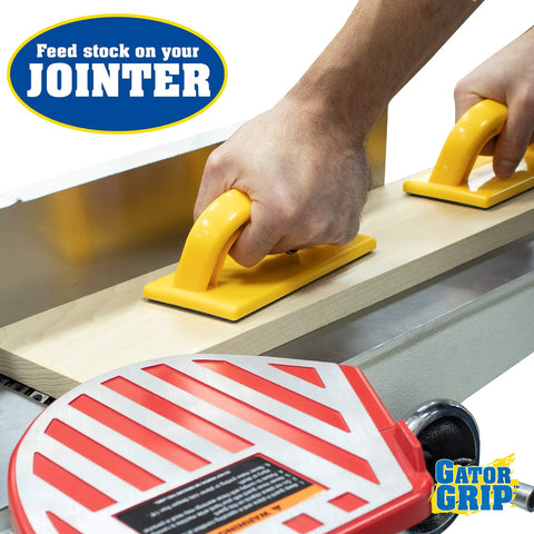 Jointer Push Blocks For Woodworking Pro Grade Safety in use on a jointer, emphasizing no slip grip for enhanced control, 2 pack.