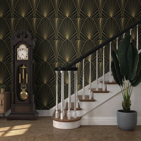 Removable Peel And Stick Black And Gold Geometric Wallpaper For Walls And Interiors behind staircase and clock