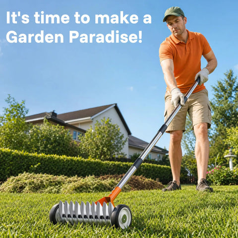 Man using Heavy Duty 15 Inch Dethatching Rake With Wheels 21 Steel Teeth To Clear Thatch And Dead Grass Fast on lawn