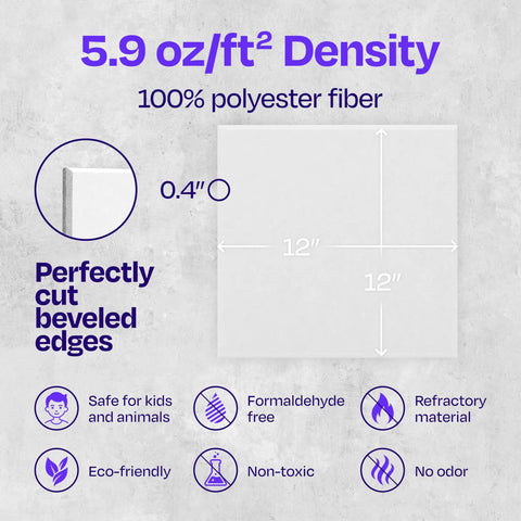 High Density Acoustic Wall Panels 12 Pack Sound Dampening 12 X 12 Inch Soundproof Tiles Absolute Game Changer And Total Echo Blocker For Studio Walls White with 5.9 oz/ft² density and beveled edges.