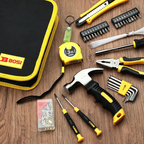 158 Piece Home Tool Set With Durable Chrome Finish Tools And Easy Carry Round Pouch, shown with tools spread out